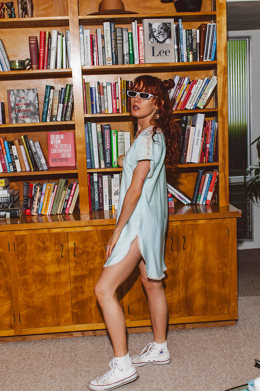 PORTER Blue Silky with White Lace Trim Slip Dress