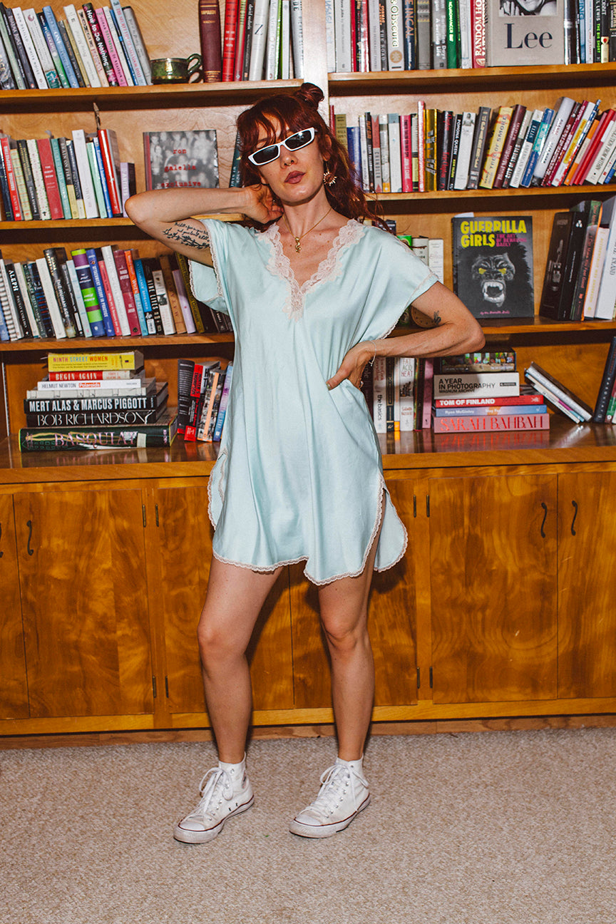 PORTER Blue Silky with White Lace Trim Slip Dress