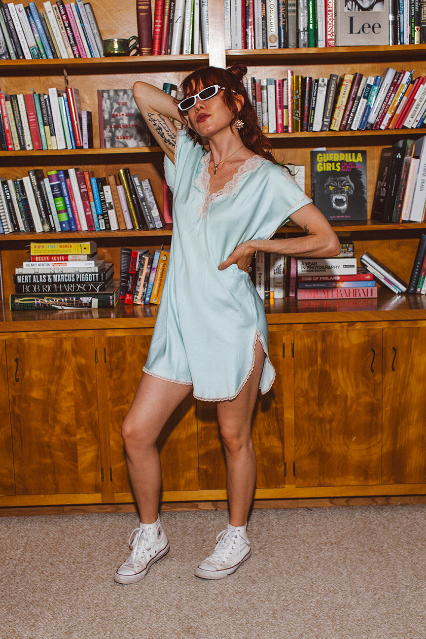 PORTER Blue Silky with White Lace Trim Slip Dress