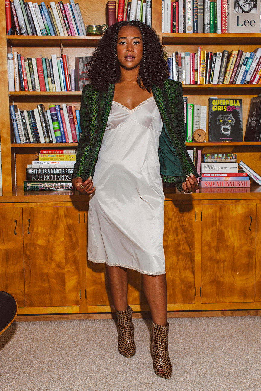 PORTER Silky Creamy Slip Dress with Lace Trim