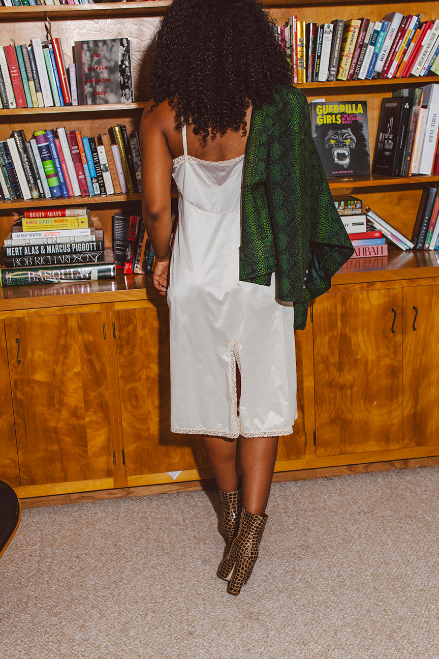 PORTER Silky Creamy Slip Dress with Lace Trim