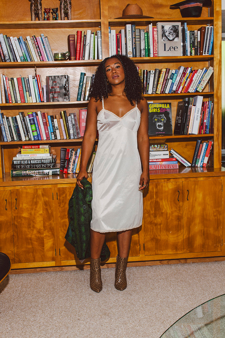 PORTER Silky Creamy Slip Dress with Lace Trim