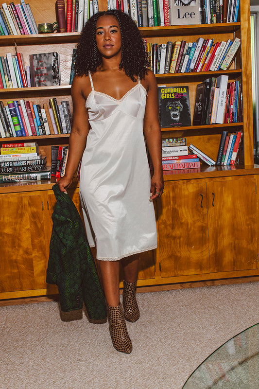 PORTER Silky Creamy Slip Dress with Lace Trim