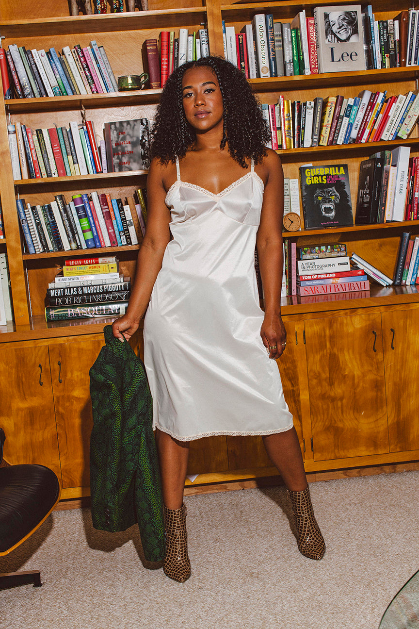 PORTER Silky Creamy Slip Dress with Lace Trim