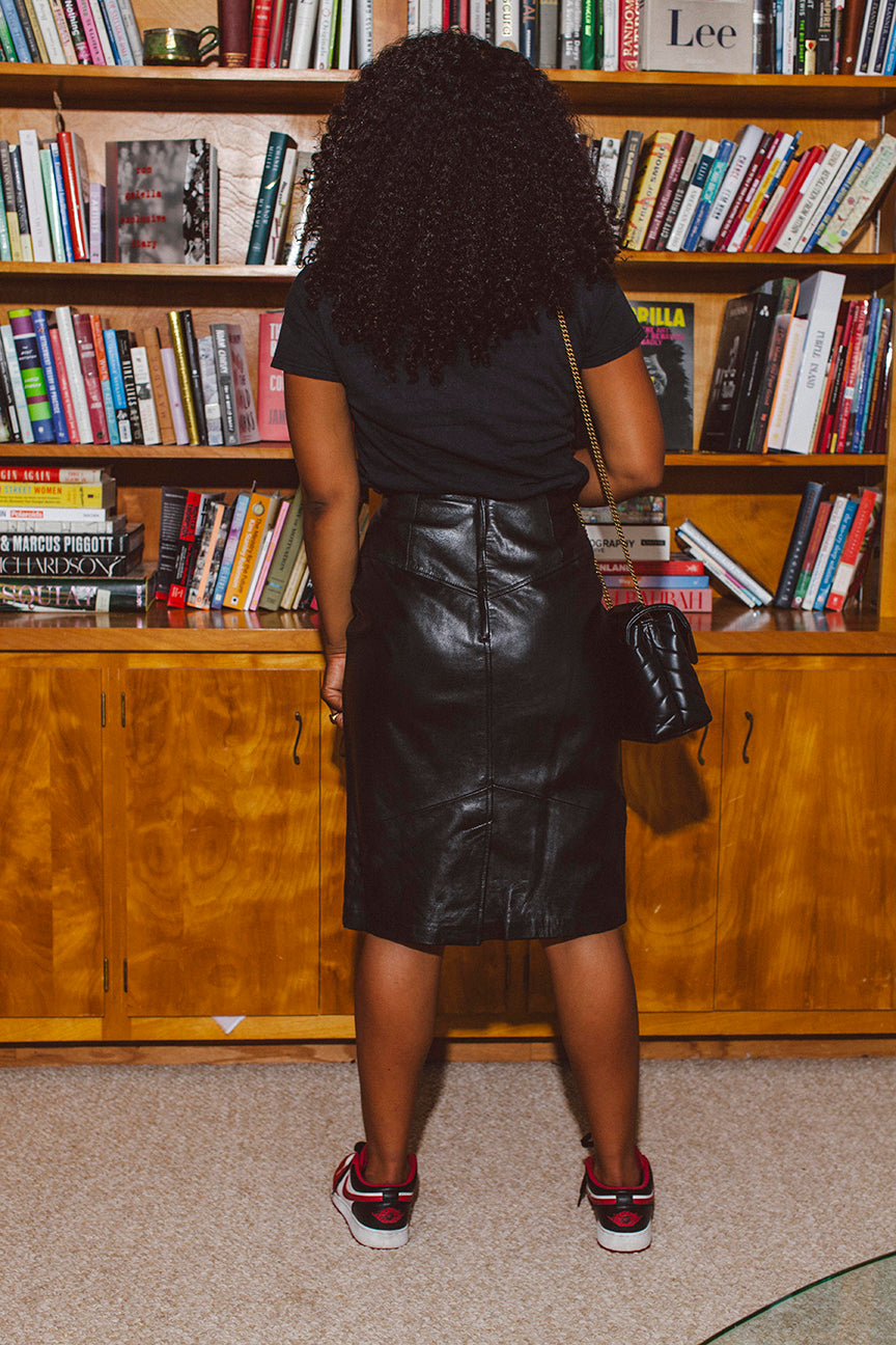 PORTER High Waisted Black Leather Pencil Skirt