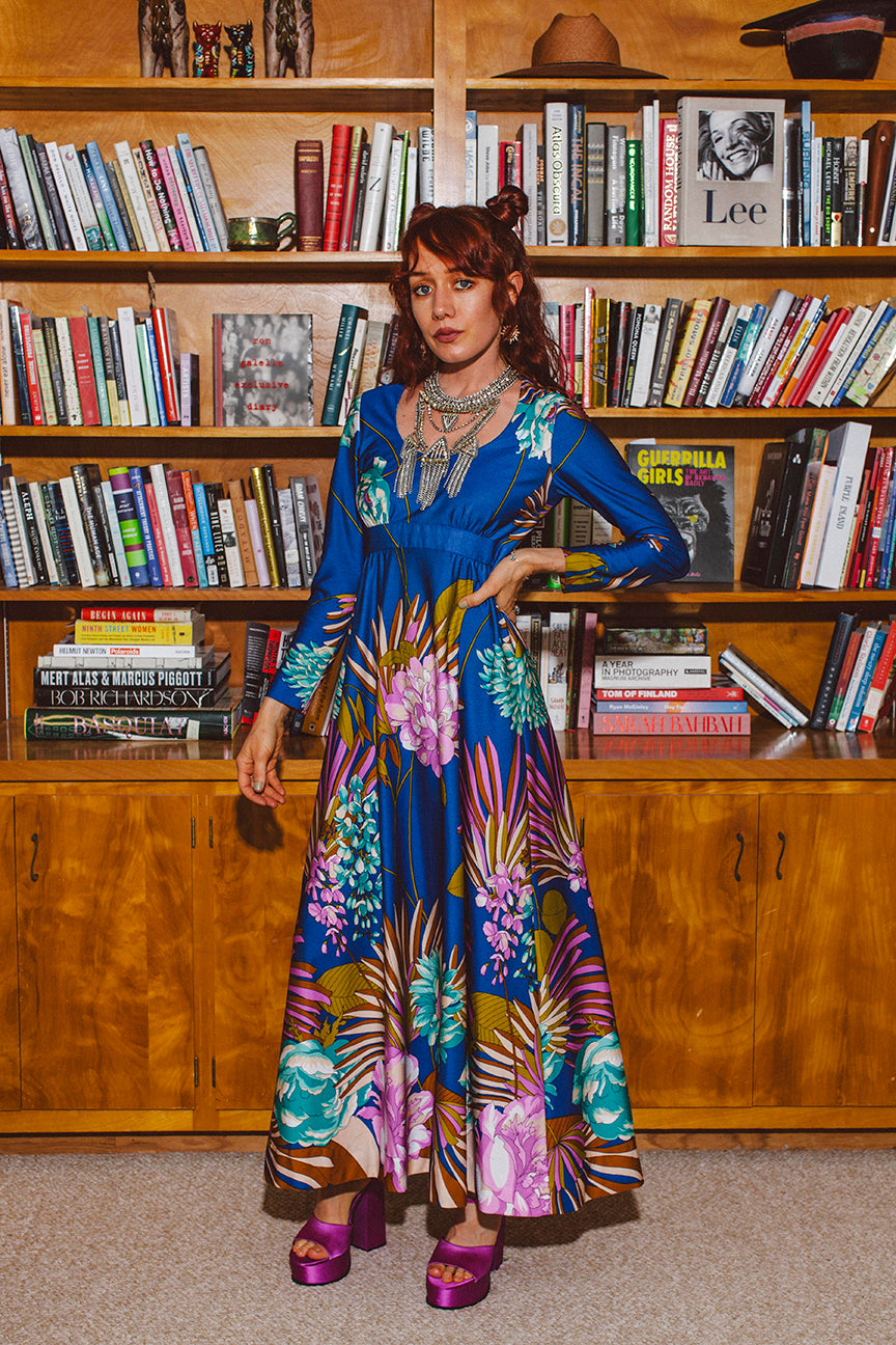 PORTER Blue Pink and Teal Long Sleeve Floral 70s Dress