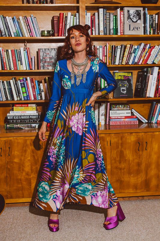 PORTER Blue Pink and Teal Long Sleeve Floral 70s Dress