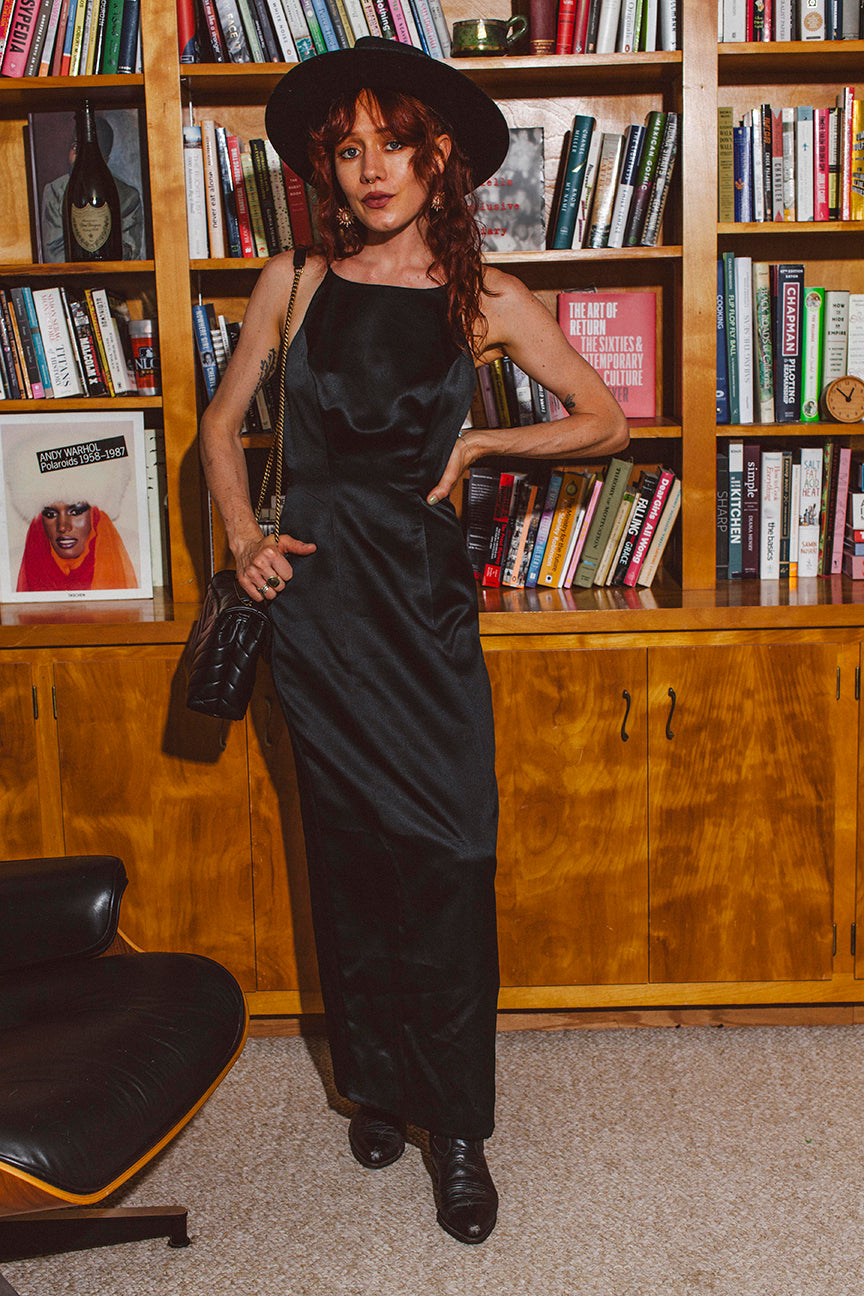 PORTER Black Sheer Back Long Evening Dress - Size 6 or Small