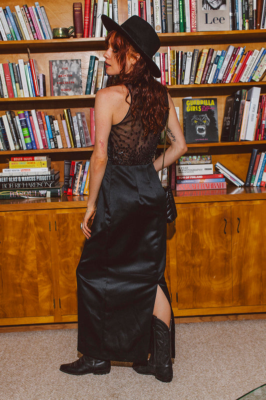 PORTER Black Sheer Back Long Evening Dress - Size 6 or Small