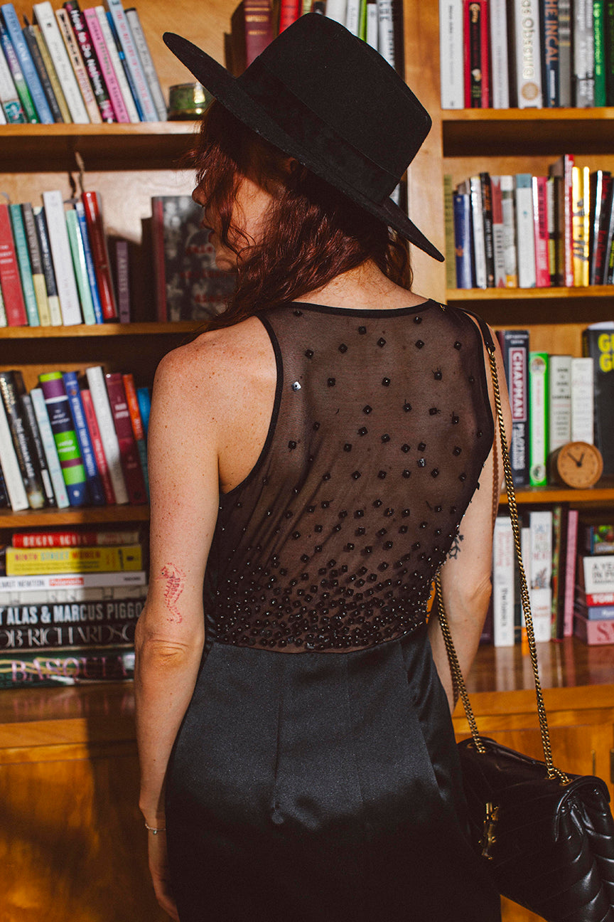 PORTER Black Sheer Back Long Evening Dress - Size 6 or Small