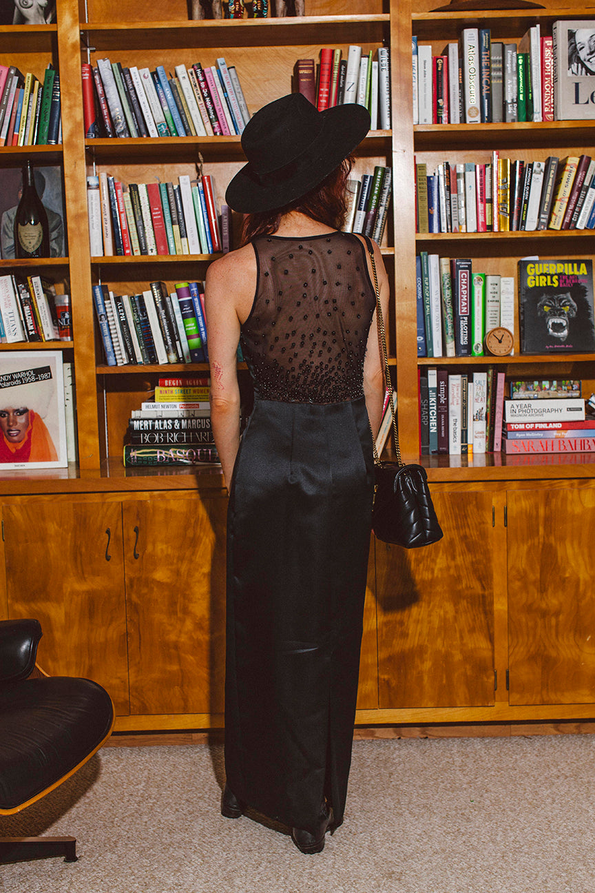 PORTER Black Sheer Back Long Evening Dress - Size 6 or Small