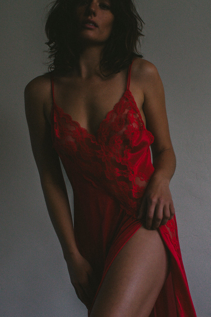 PORTER Saucy Red Lacey Slip Dress