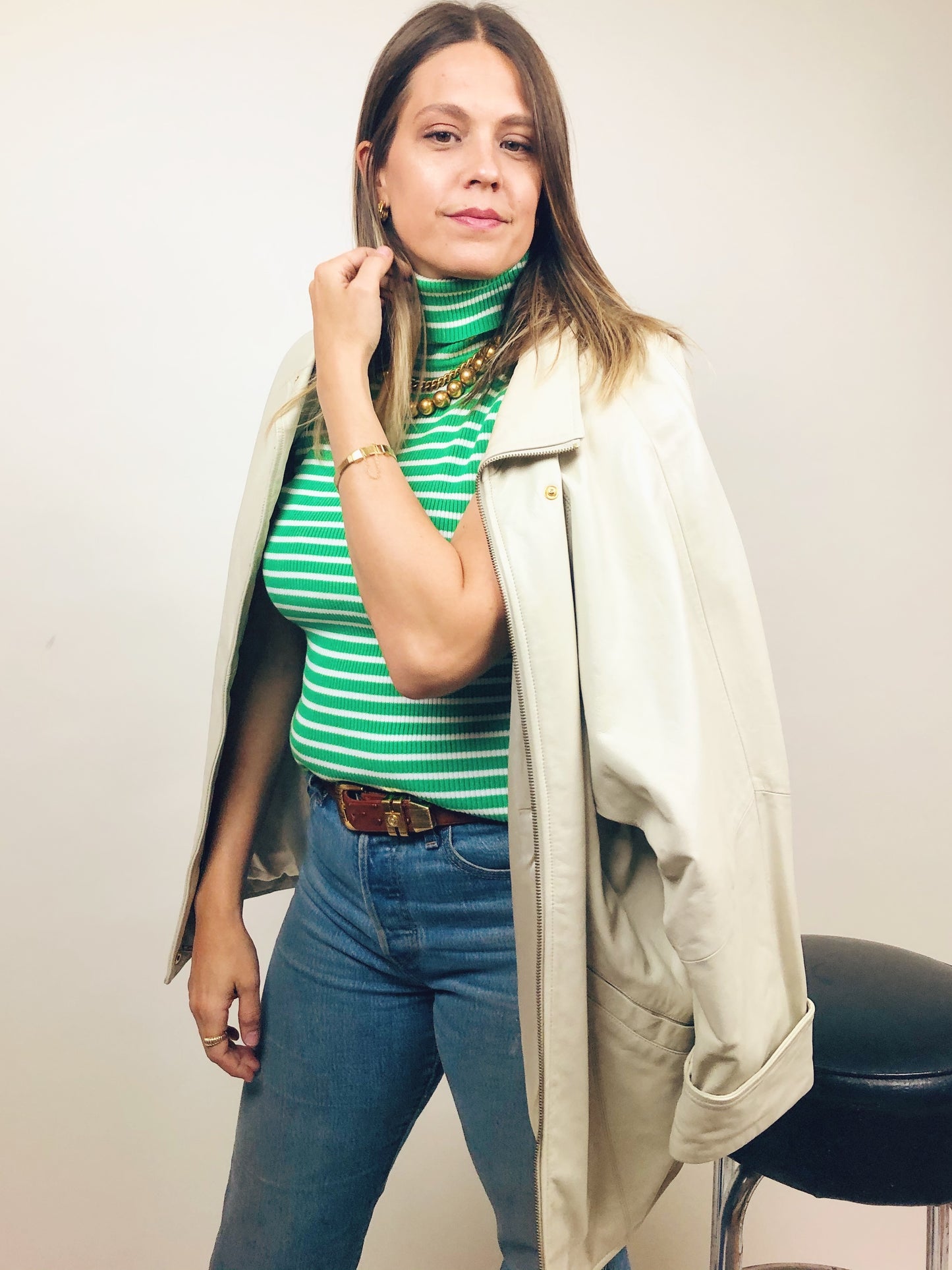 Gorgeous Carmel leather belt with gold hardware