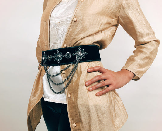Leather and Velvet Belt with Silver Chain and Applique Metal Detail