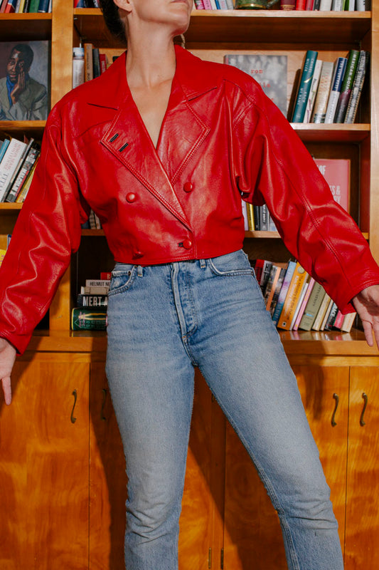 PORTER Sexy Cropped Red Leather Jacket Size M