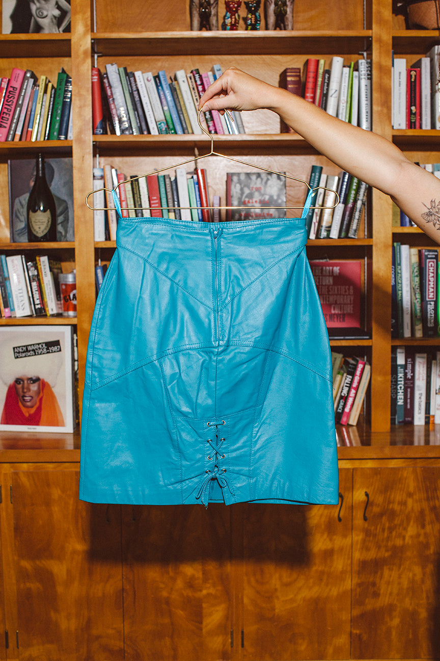 PORTER Tight Bright Blue Leather Skirt