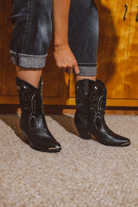 PORTER Black with Silver Tip Leather Cowgirl Boots