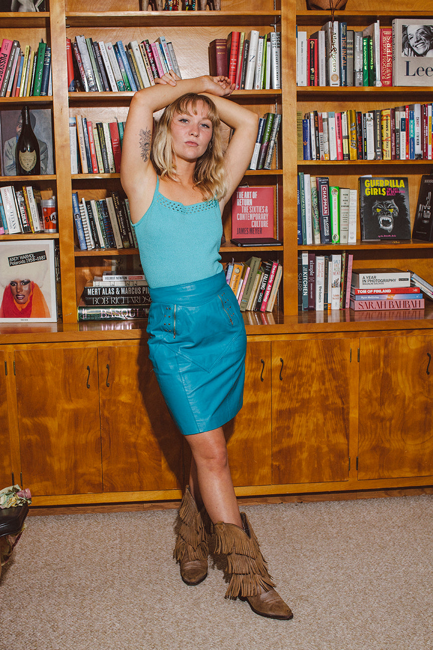 PORTER Tight Bright Blue Leather Skirt