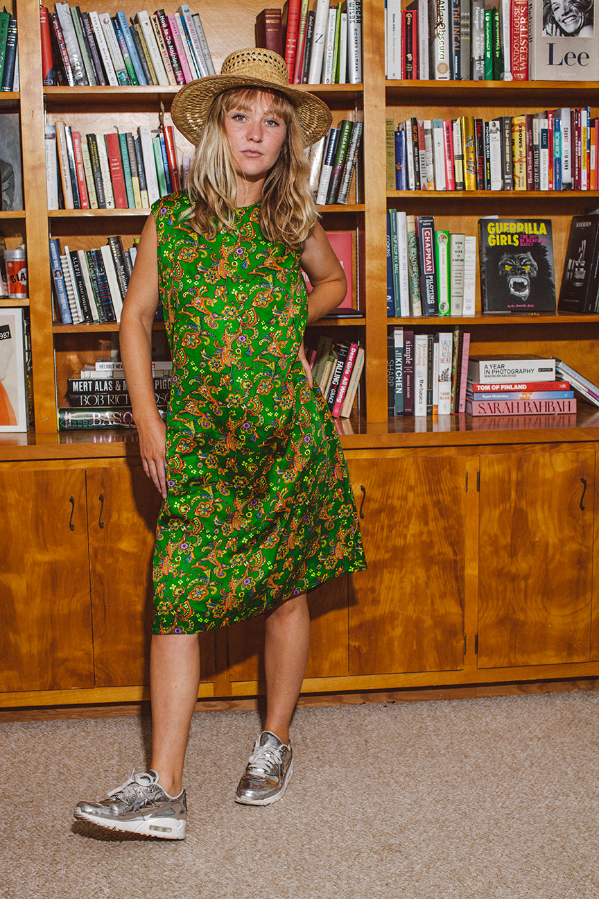 PORTER Floral and Paisley Green Custom Dress with Pocket