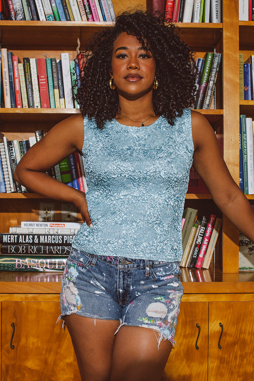 PORTER Baby Blue Textured and Sequin Y2K Tank Top