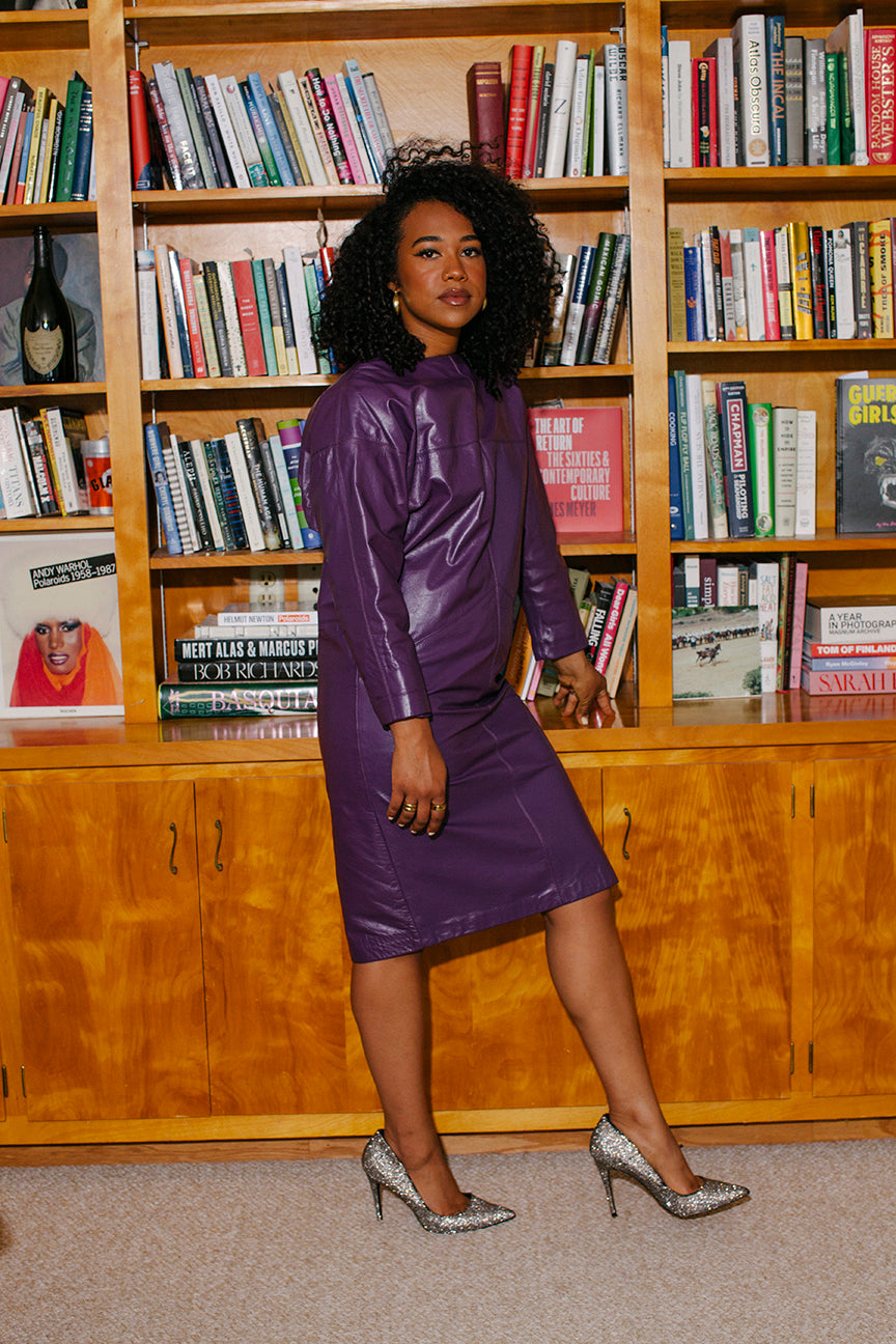 vintage leather dress PORTER Purple Long Sleeve Midi Size Small Margaret Godfrey Leather Sizing Size:15 W Beach lover Formal Dress Purple Dresses