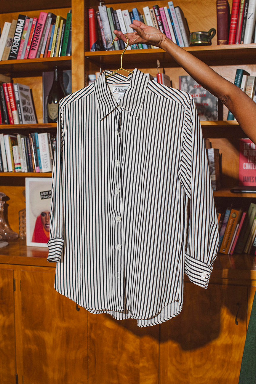 PORTER Black and White Striped 100% Silk Blouse