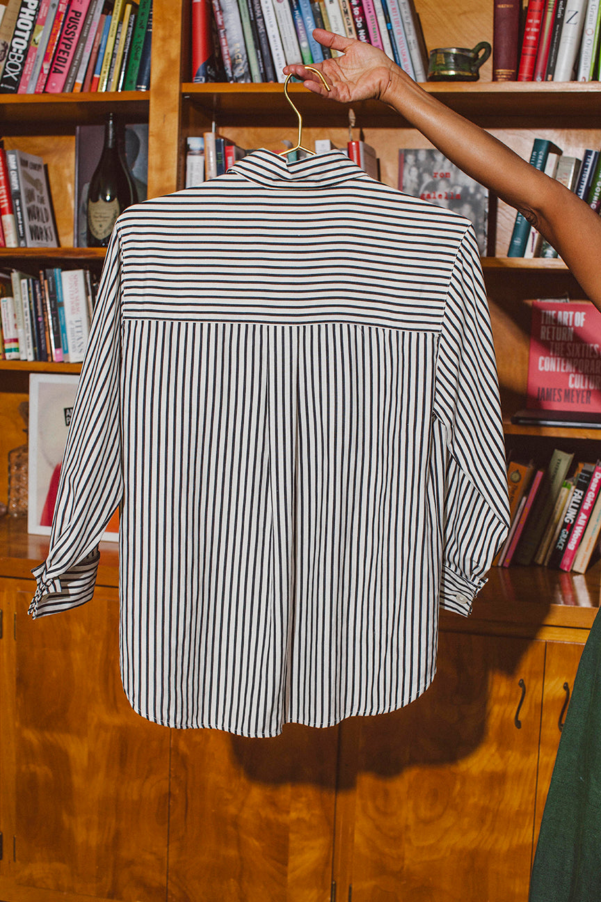 PORTER Black and White Striped 100% Silk Blouse