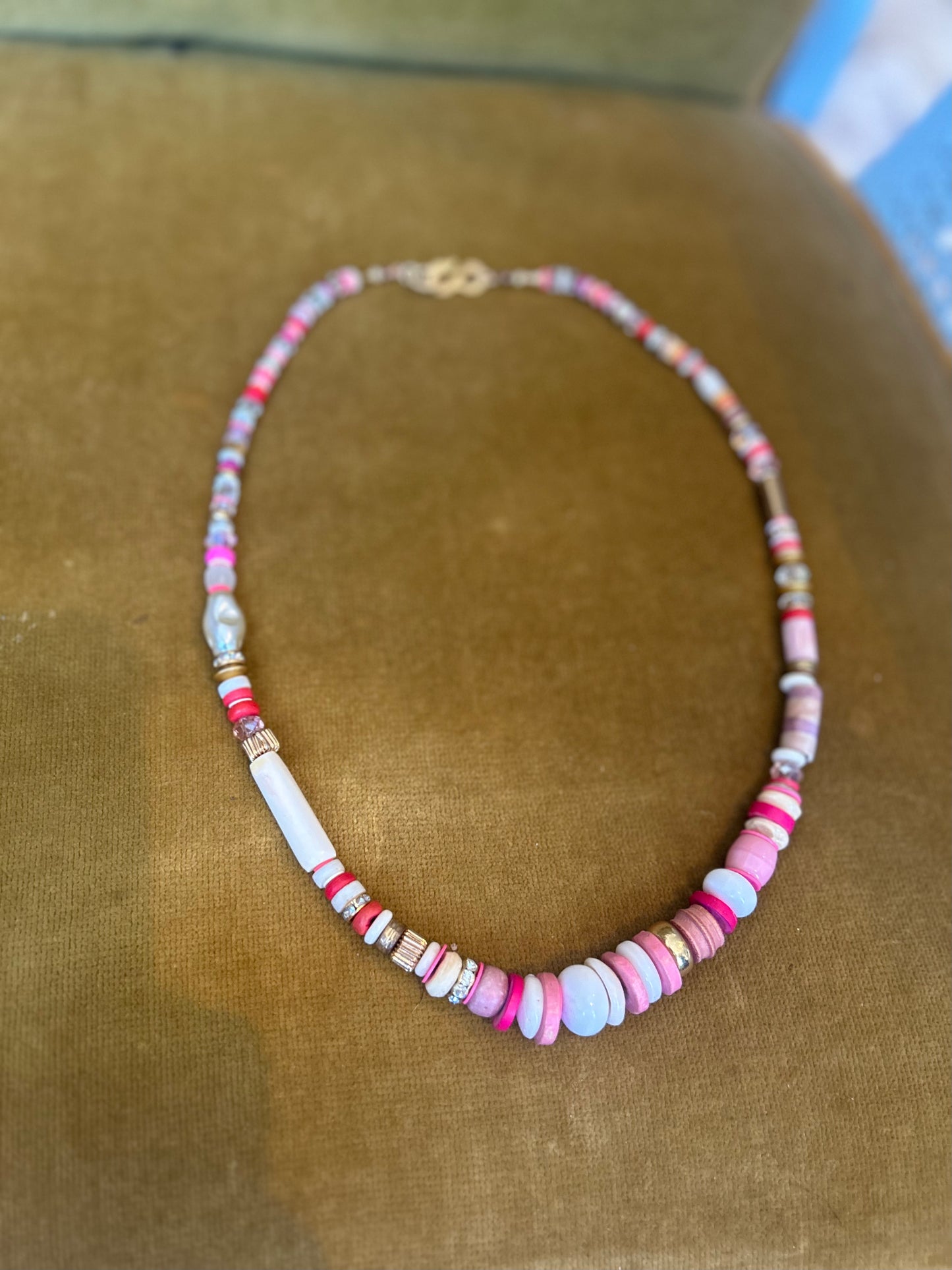 Pink on Pink on White on Gold Beaded Necklace