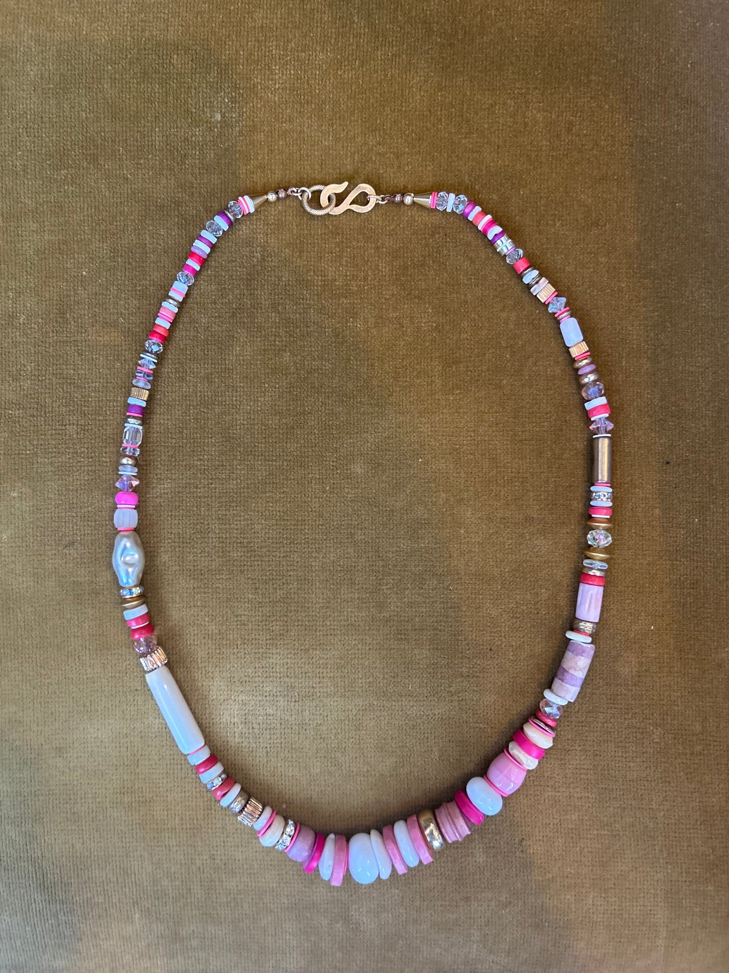 Pink on Pink on White on Gold Beaded Necklace