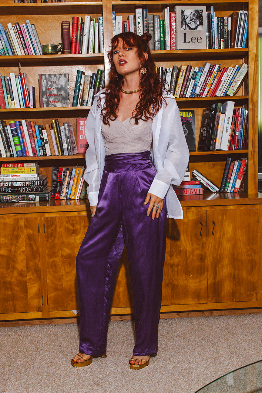 PORTER 100% Silk Purple HIgh Waisted Pants