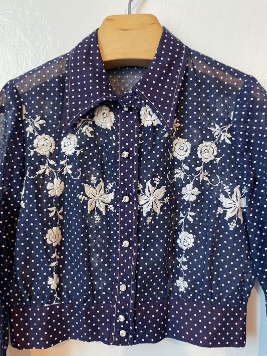 Blue Embroidered Floral Blouse