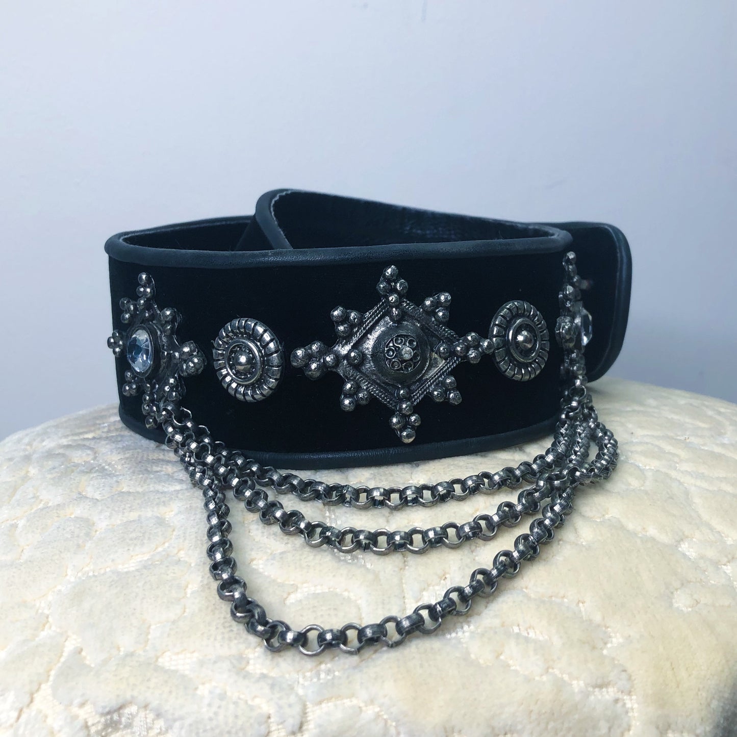 Leather and Velvet Belt with Silver Chain and Applique Metal Detail